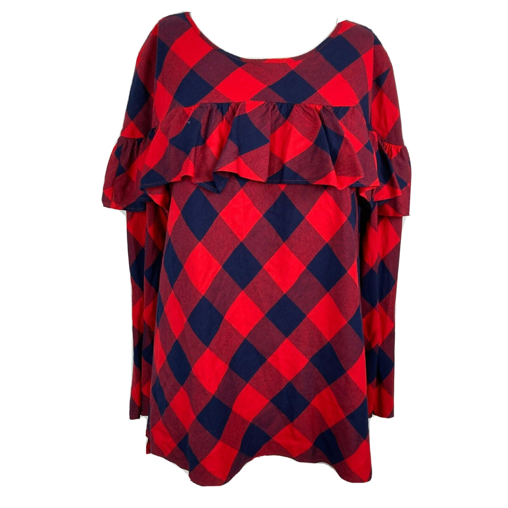 Crown & Ivy Shirt Womens Sz L Red Navy Blue Buffalo Plaid Long Sleeve Ruffle